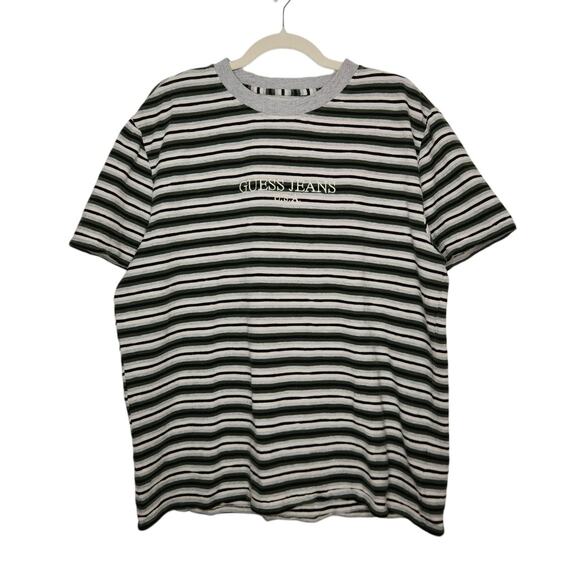 Y2k Guess Jeans Stipe Spellout Green Large Shirt Grunge Cobain 90s Style - Picture 1 of 6